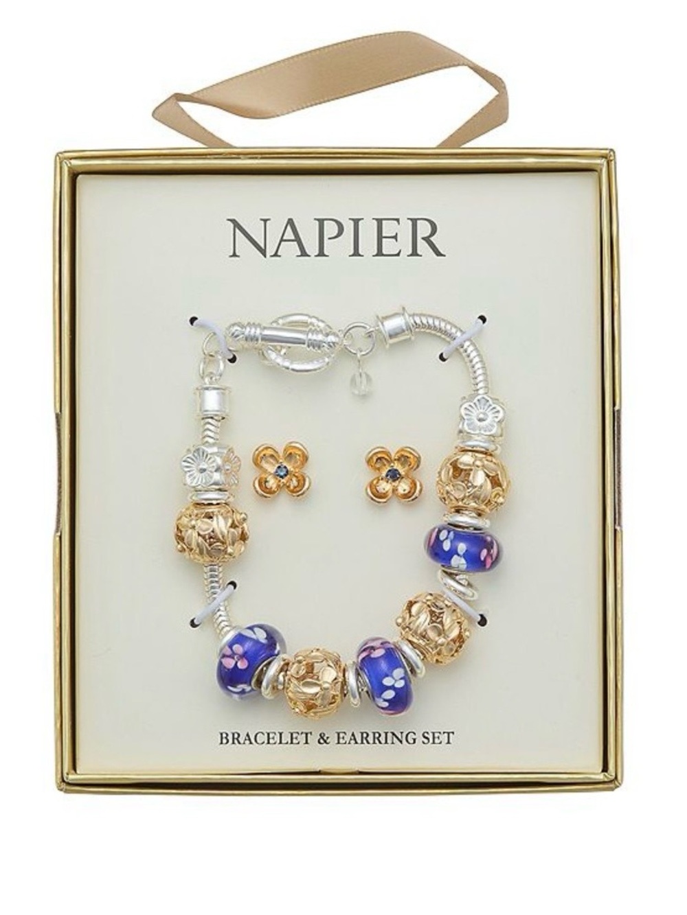 Napier Two-Tone Flowers Charm Bracelet and Earrings Set
